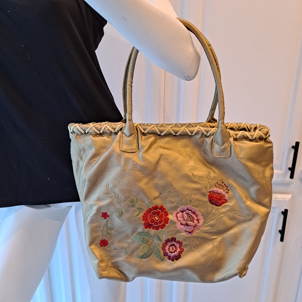 Gold With Red Floral Embroidered Tote Bag
